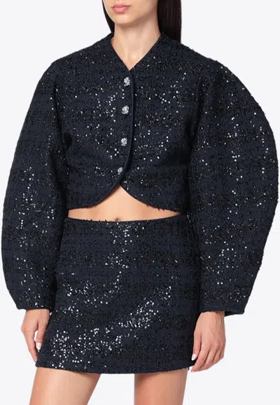 Rotate Birger Christensen Sequined Embellishment Bouclé Cropped Jacket In Blue