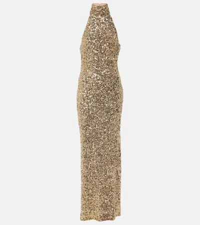 Rotate Birger Christensen Sequined Halterneck Gown In Gold