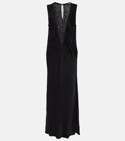 Rotate Birger Christensen Midi Black Dress With Plunging V Neck With Mesh Insert In Viscose Woman
