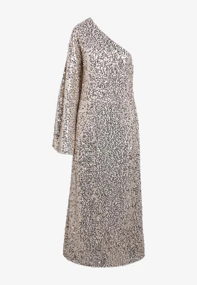 Rotate Birger Christensen Sequined One-shoulder Maxi Dress In Beige