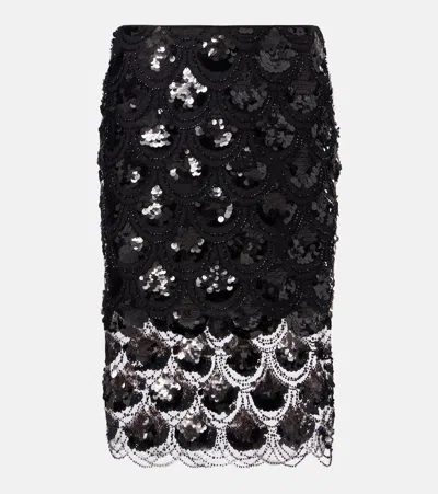 Rotate Birger Christensen Sequined Scalloped Midi Skirt In Black
