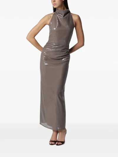 Rotate Birger Christensen Rotate Long Sequin-embellished Sheath Gown With Halter Neck In Brown