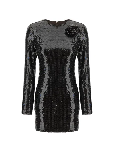 Rotate Birger Christensen Rotate Rotating Sequined Mini Dress With Long Sleeves And Shoulder Floral Detail In Black