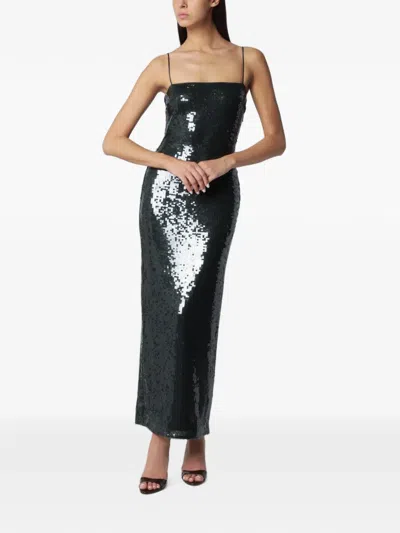 Rotate Birger Christensen All-over Sequin Olive Green Maxi Dress With Shoulder Pads In Black