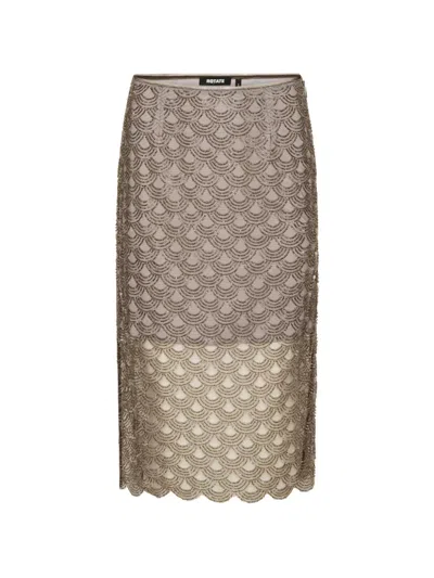 Rotate Birger Christensen Sheer Overlay Skirt Embellished Design Scalloped Hem In Brown