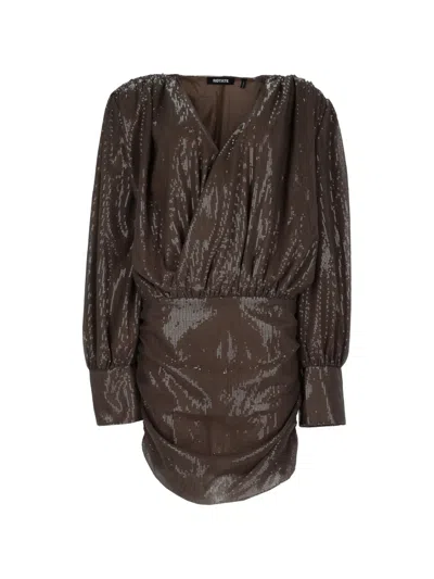 Rotate Birger Christensen Sequined Mini Dress With Deep V-neckline And Puffed Sleeves In Brown