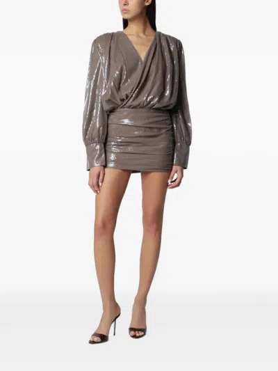 Rotate Birger Christensen Rotate Birgerchristensen Sequin Longsleeve Mini Dress In Fossil Beige In Brown