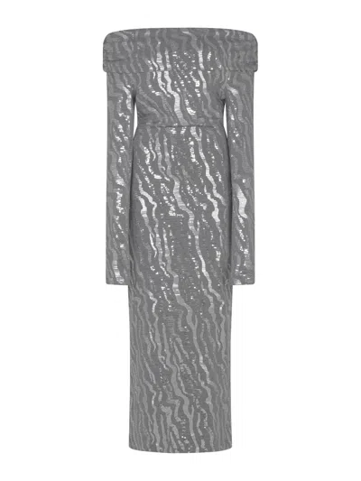 Rotate Birger Christensen Sequined Off-the-shoulder Midi Dress In Grey/silver