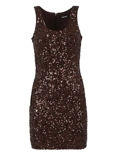 Rotate Birger Christensen Brown U-neck Dress With All-over Applied Sequin In Fabric Woman