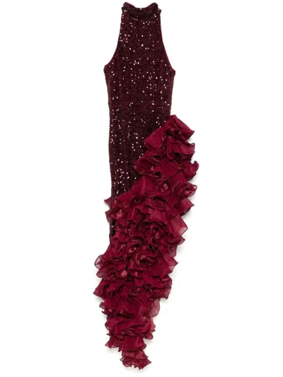 Rotate Birger Christensen Sequinned Ruffled Midi Dress In Red