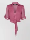 Rotate Birger Christensen Sheer Collared Cropped Ruffled Sleeves Top In Pink