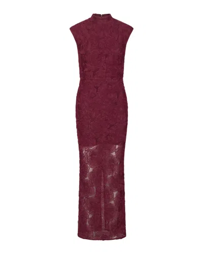Rotate Birger Christensen Sheer Floral Mesh Maxi Dress With High Neckline And Fitted Silhouette In Burgundy