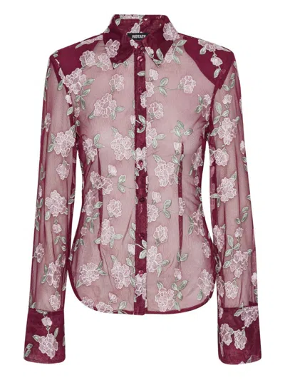 ROTATE BIRGER CHRISTENSEN ROTATE BIRGER CHRISTENSEN SEMI-SHEER BURGUNDY SHIRT WITH FLORAL EMBROIDERY
