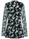 Rotate Birger Christensen Black High Neck Mini Dress With Semi Sheer Sleeves And All-over Floral Motif In Tech Fabric Woman