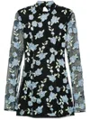 Rotate Birger Christensen Black High Neck Mini Dress With Semi Sheer Sleeves And All-over Floral Motif In Tech Fabric Woman In Black