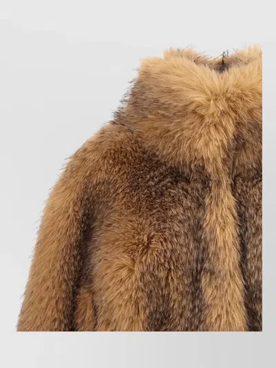 Rotate Birger Christensen Short Faux Fur Jacket High Collar In Brown