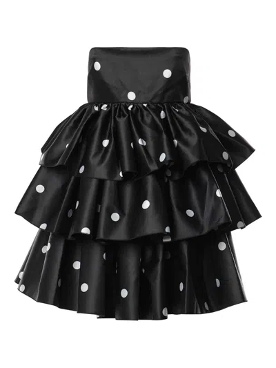 Rotate Birger Christensen Short Satin Polka Dot Dress With Ruffles In Black
