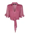 Rotate Birger Christensen Sheer Collared Cropped Ruffled Sleeves Top In Pink