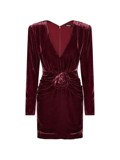Rotate Birger Christensen Rotate Velvet Mini Dress With Plunge Neckline And Rosette Waist In Bordeaux