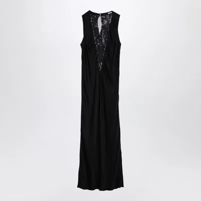 ROTATE BIRGER CHRISTENSEN SLEEVELESS BLACK MIDI DRESS WITH DEEP V-NECK AND MESH DETAIL