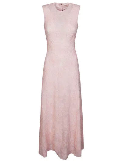 Rotate Birger Christensen Rotate Long Dress Of Frilled Mesh With A Tone-on-tone Floral Pattern In Pink