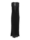 Rotate Birger Christensen Midi Black Dress With Plunging V Neck With Mesh Insert In Viscose Woman In Black