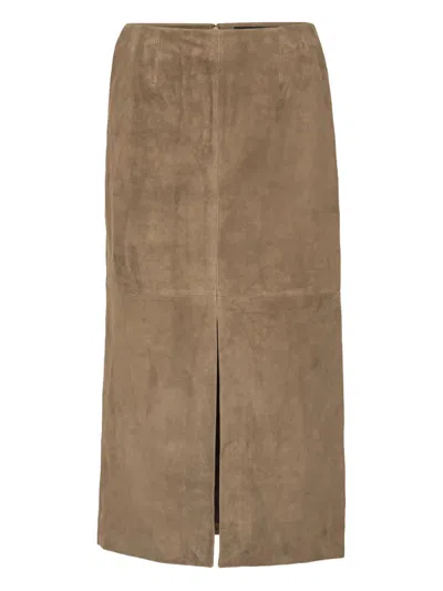 Rotate Birger Christensen Slit Suede Midi Skirt In Brown