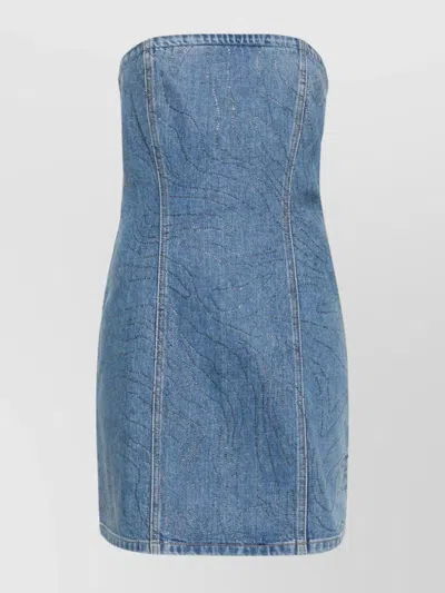 ROTATE BIRGER CHRISTENSEN STRAPLESS FITTED DENIM DRESS WITH RAW HEM