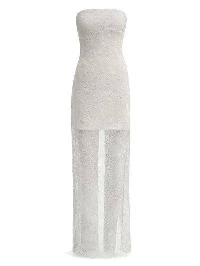 Rotate Birger Christensen Strapless Long Lace Dress With Intricate Floral Patterns In White
