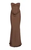Rotate Birger Christensen Strapless Satin Corset Maxi Dress In Brown