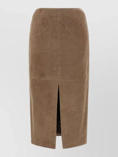 Rotate Birger Christensen Suede Midi Skirt Back Pocket Slit In Brown