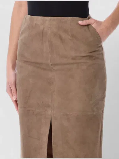 Rotate Birger Christensen Suede Midi Skirt Back Slit Pockets In Brown