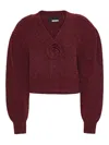 Rotate Birger Christensen Rotate Cropped Burgundy Sweater With Deep V-neckline And Floral Embellishment In Burgundy