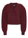 Rotate Birger Christensen Rotate Cropped Burgundy Sweater With Deep V-neckline And Floral Embellishment In Burgundy