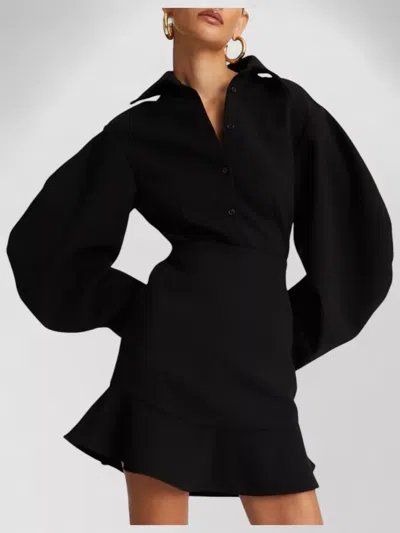 Rotate Birger Christensen Tailored Shirt Dress Waist Ruffle Hem In Black