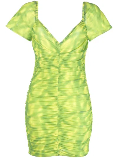 Rotate Birger Christensen Gathered V-neck Minidress In Green