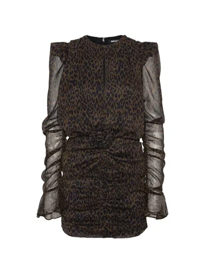 Rotate Birger Christensen Tone-on-tone Brown Animal Print Mini Dress With Ruched Texture Rotate