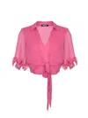 Rotate Birger Christensen Sheer Collared Cropped Ruffled Sleeves Top