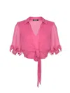 Rotate Birger Christensen Sheer Collared Cropped Ruffled Sleeves Top