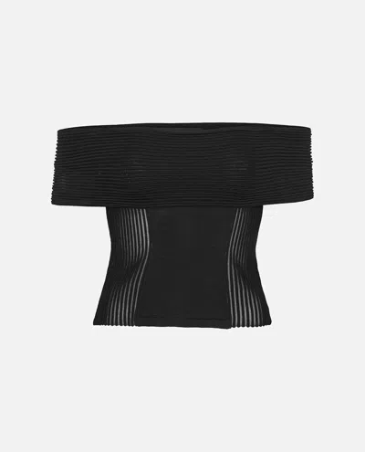 Rotate Birger Christensen Knitted Off-shoulder Top In Black
