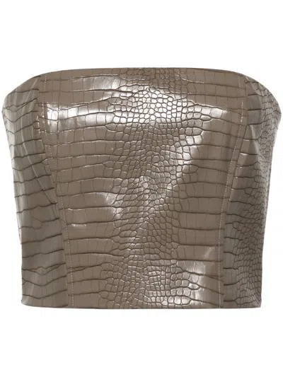 Rotate Birger Christensen Crocodile-embossed Crop Top In Brown