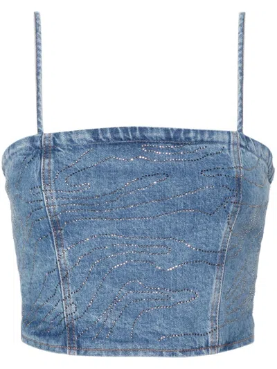 Rotate Birger Christensen Rhinestoned Denim Cropped Top In Blue