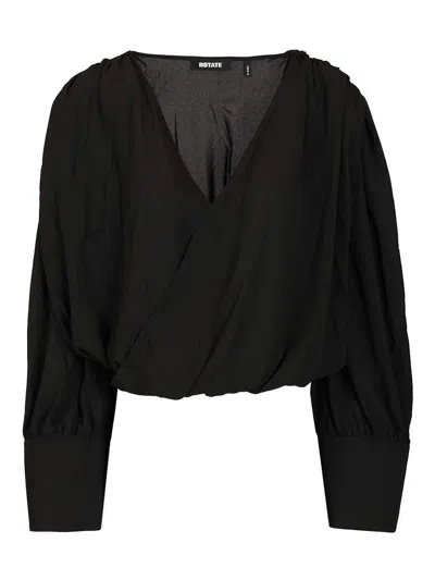 Rotate Birger Christensen Long Sleeve V-neck Top In Black