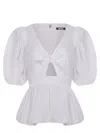 Rotate Birger Christensen Rotate Bubble Top With Puff Sleeves And V-neck Detail In White