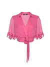 Rotate Birger Christensen Sheer Collared Cropped Ruffled Sleeves Top In Pink
