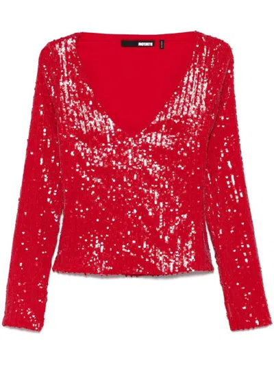 Rotate Birger Christensen Sequins Ls V-neck Top In Red