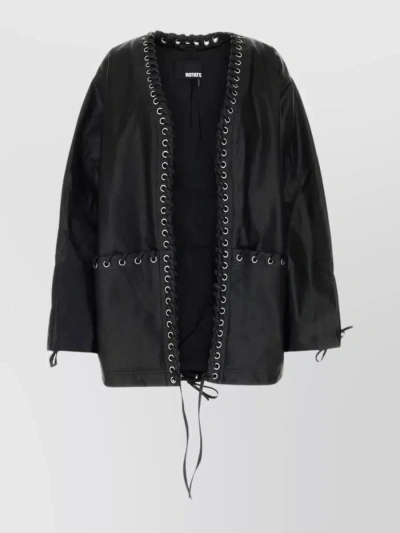 Rotate Birger Christensen V-neck Oversize Jacket With Distinctive Lace-up Front And Eyelet Accents In Black