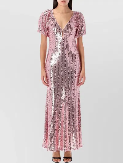 ROTATE BIRGER CHRISTENSEN V NECK PUFF SLEEVE SEQUIN MIDI DRESS