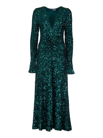 Rotate Birger Christensen V-neck Long-sleeved Embellished Long Dress In Green
