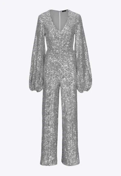 Rotate Birger Christensen V-neck Sequined Jumpsuit In Silver
